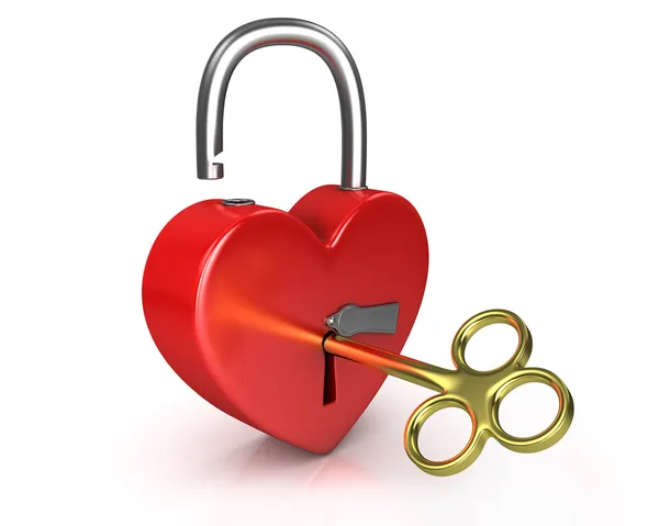 stock image Opened red lock formed as heart with a golden key in a keyhole v