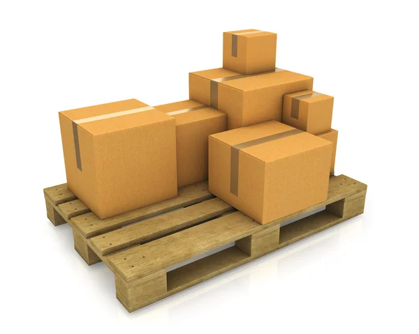 Stos różnych wielkości pudełka kartonowe na drewnianych paletach — Zdjęcie stockowe