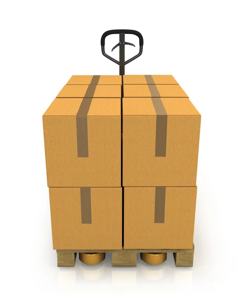 Stapel van kartonnen dozen op een pallet met een pallet vrachtwagen vooraanzicht — Stockfoto