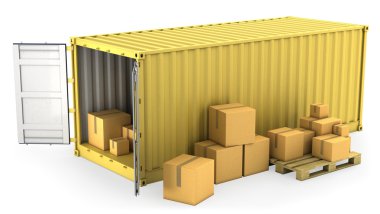 Yellow opened container with a lot of carton boxes clipart