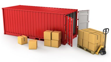 Red opened container and many of carton boxes on a pallet clipart