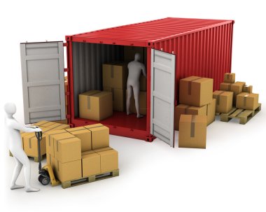 Two workers unload container clipart