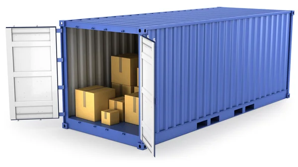 Modrý otevřený kontejner s lepenkových krabic uvnitř — Stock fotografie