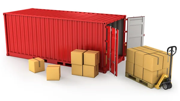 Rode geopend container en veel van kartonnen dozen op een pallet — Stockfoto