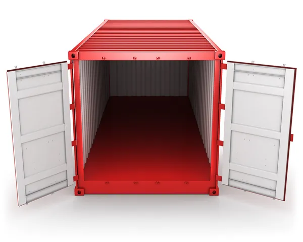 Megnyitott a piros teheráru-konténer elszigetelt, Elölnézet — Stock Fotó