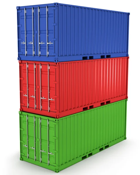 三个货运集装箱堆积在一个孤立的塔 — 图库照片