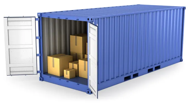 Modrý otevřený kontejner s lepenkových krabic uvnitř Stockfoto