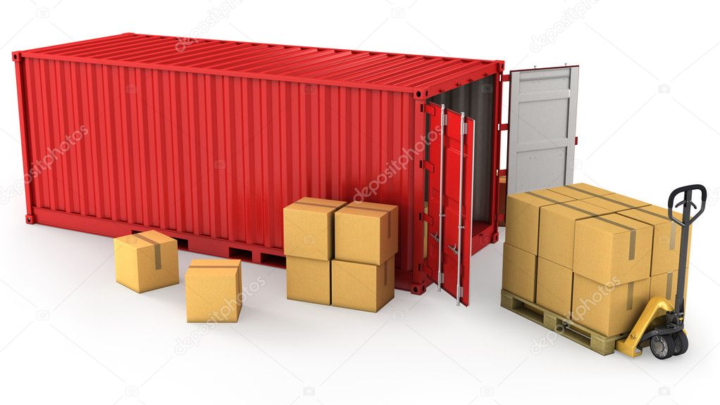Red opened container and many of carton boxes on a pallet