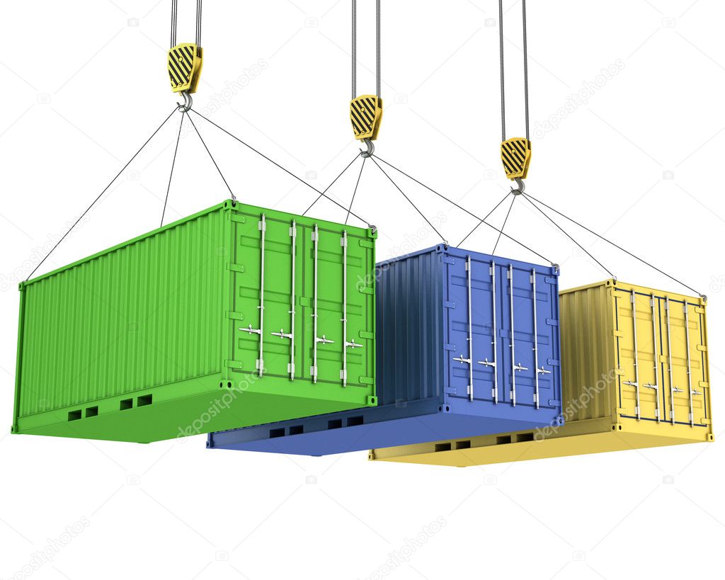 Three freight containers are being hoisted