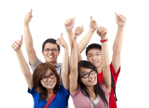 Glückliche Studenten zeigen Daumen nach oben und isoliert auf weißem Hintergrund — Stockfoto