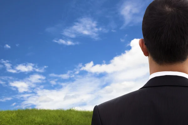 Biznesmen z powrotem i oglądania błękitne niebo i zielone pole — Zdjęcie stockowe