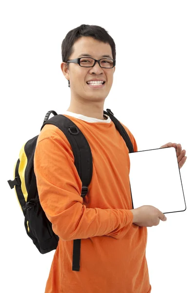Szczęśliwy Młody Człowiek Posiadający Isolated Touchpad Białym Tłem — Zdjęcie stockowe