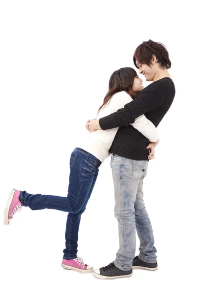 Asian Couple Hugging Each Other Isolated White Background Stock Picture