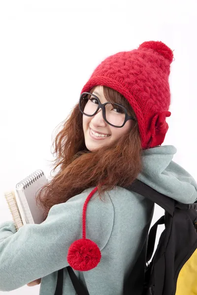 Счастливая Девушка Зимней Шляпе Костюме Белом Фоне — стоковое фото