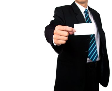 Businessman holding blank business card clipart