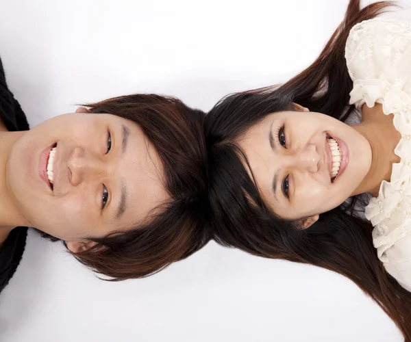 Happy Asian Couple Laying White Floor — Stock Photo, Image