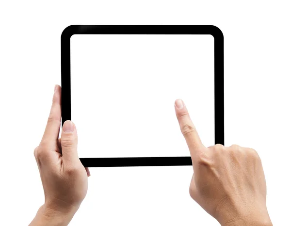 Ręka trzyma touchpad i dotykając ekranu — Zdjęcie stockowe