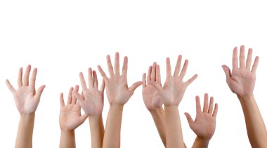 All raise hands.Isolated with white background. clipart