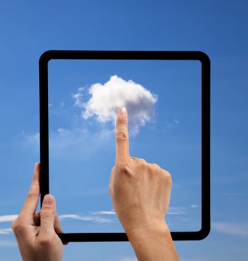 Cloud computing and touch pad concept. hand holding black empty frame and t clipart