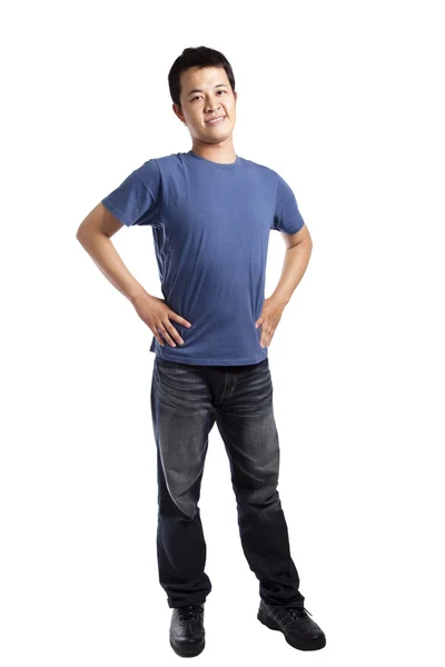Retrato de comprimento total de um jovem elegante de pé isolado nas costas brancas — Fotografia de Stock
