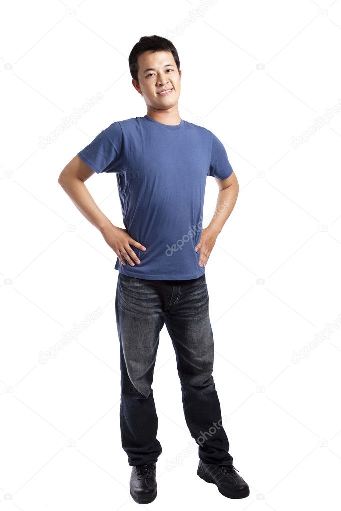 Full length portrait of a stylish young man standing isolated on white back