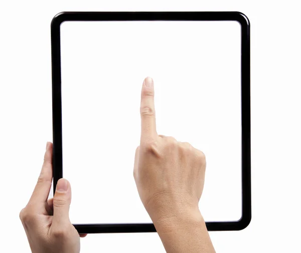 Hand Holding Black Square Frame Finger Try Touch Pad — Zdjęcie stockowe