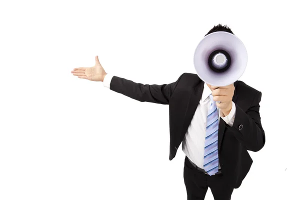 Businessman holding megaphone make loud noise — Stock Photo, Image
