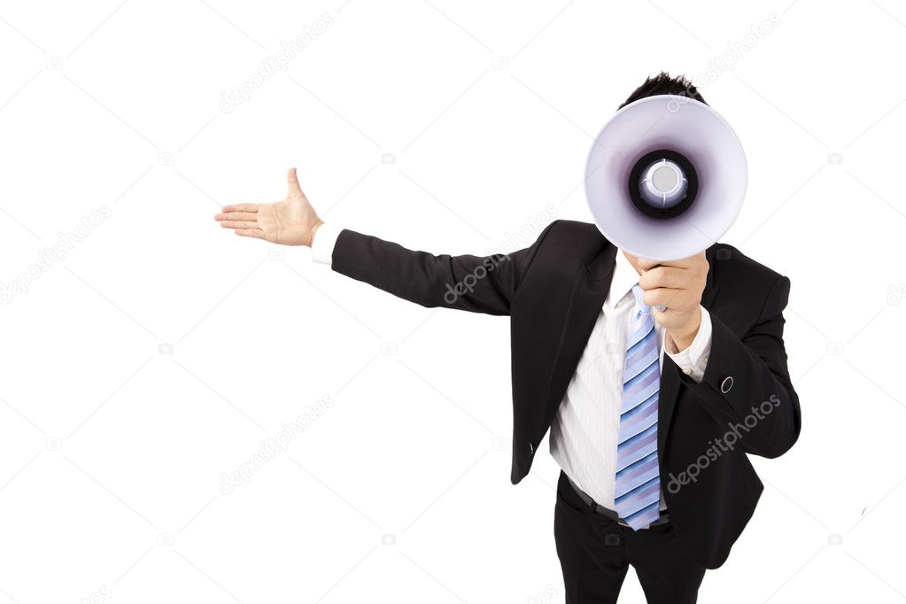 Businessman holding megaphone make loud noise — Stock Photo © tomwang