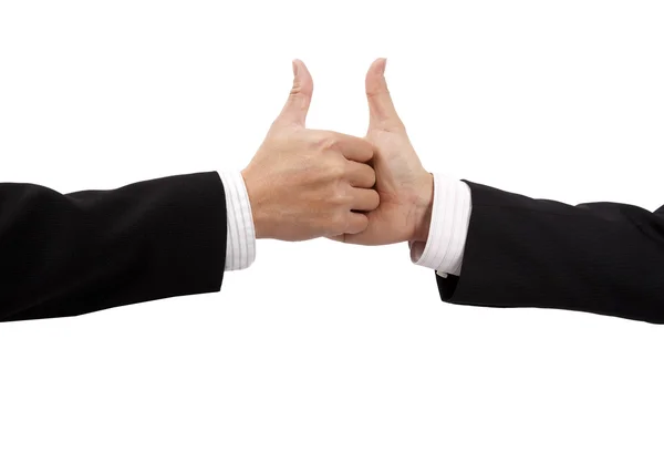 Крупный план делового рукопожатия и большого пальца вверх — стоковое фото
