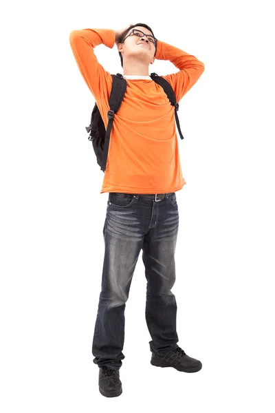 Portrait of young man stand with backpack isolated on white background — Stock Photo, Image