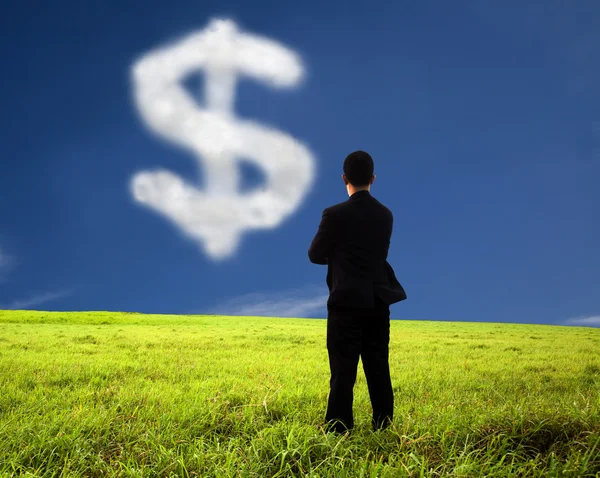 Zakenman denken en kijken het geld merk van wolk — Stockfoto