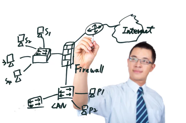 Ingeniero informático joven dibujando un diagrama de red de Internet —  Fotos de Stock