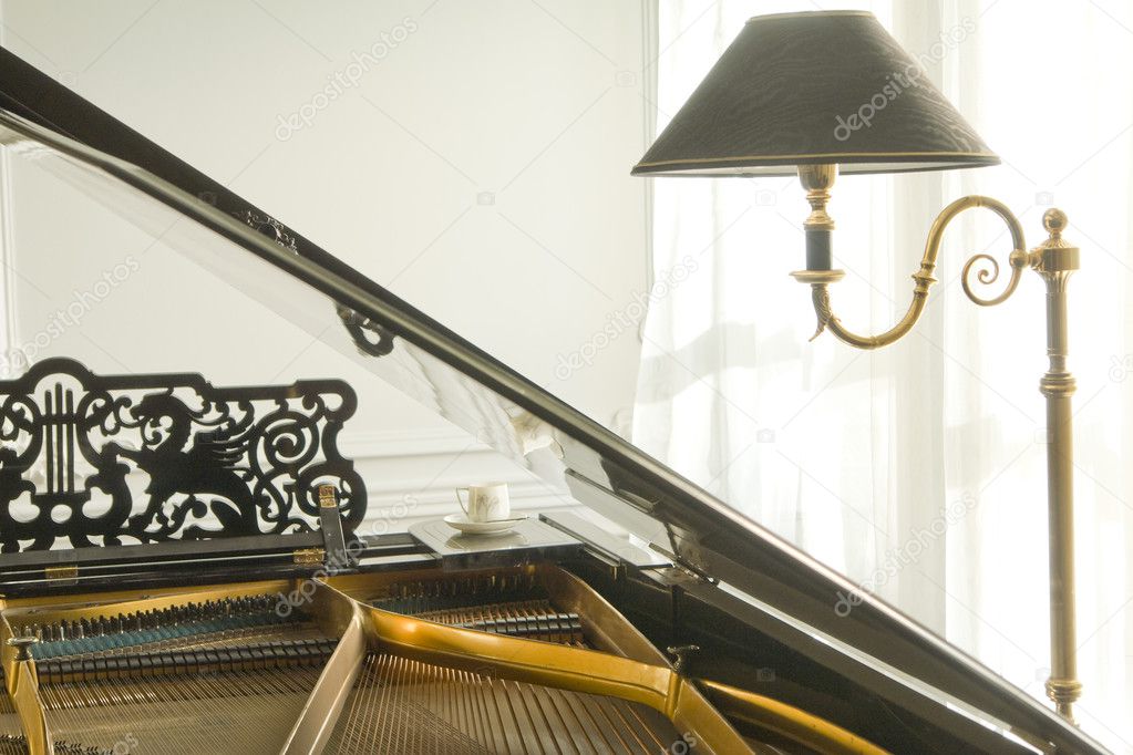 Detail of grand piano and floor lamp