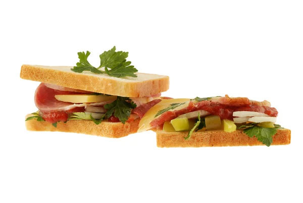 Sandwich Auf Weißbrot Brot Fleisch Gemüse Ketchup — Stockfoto