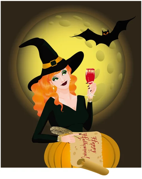 Feliz cartão de felicitações do Dia das Bruxas com bela bruxa. vetor —  Vetores de Stock