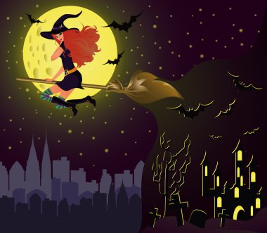 Halloween night card. Girl witch fly over city . vector clipart