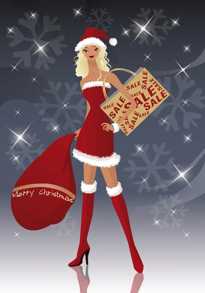 Santa-meisje op Kerstmis winkelen seizoen, vector — Stockvector