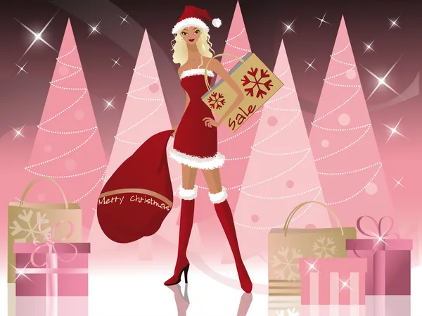 Santa-girl con shopping bags, vettore — Vettoriale Stock