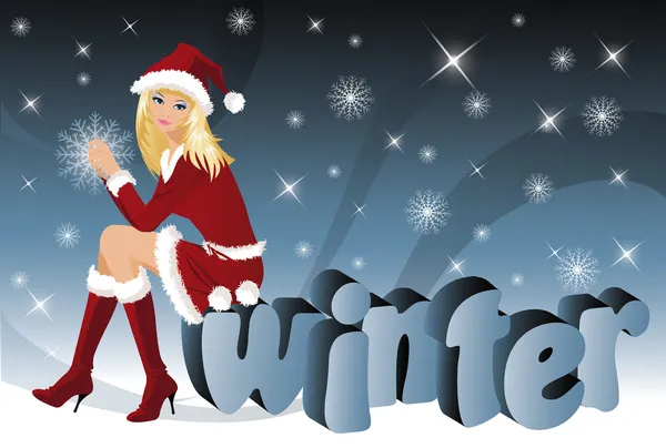 Menina de Natal e palavra "inverno" na imagem 3D. vetor — Vetor de Stock
