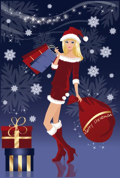 Kerstmis winkelen kaart met santa-meisje, vector — Stockvector