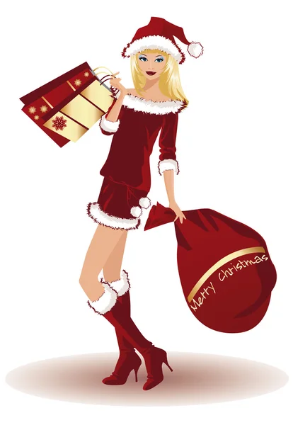 Christmas girl with shopping bags, vector — Stock Vector