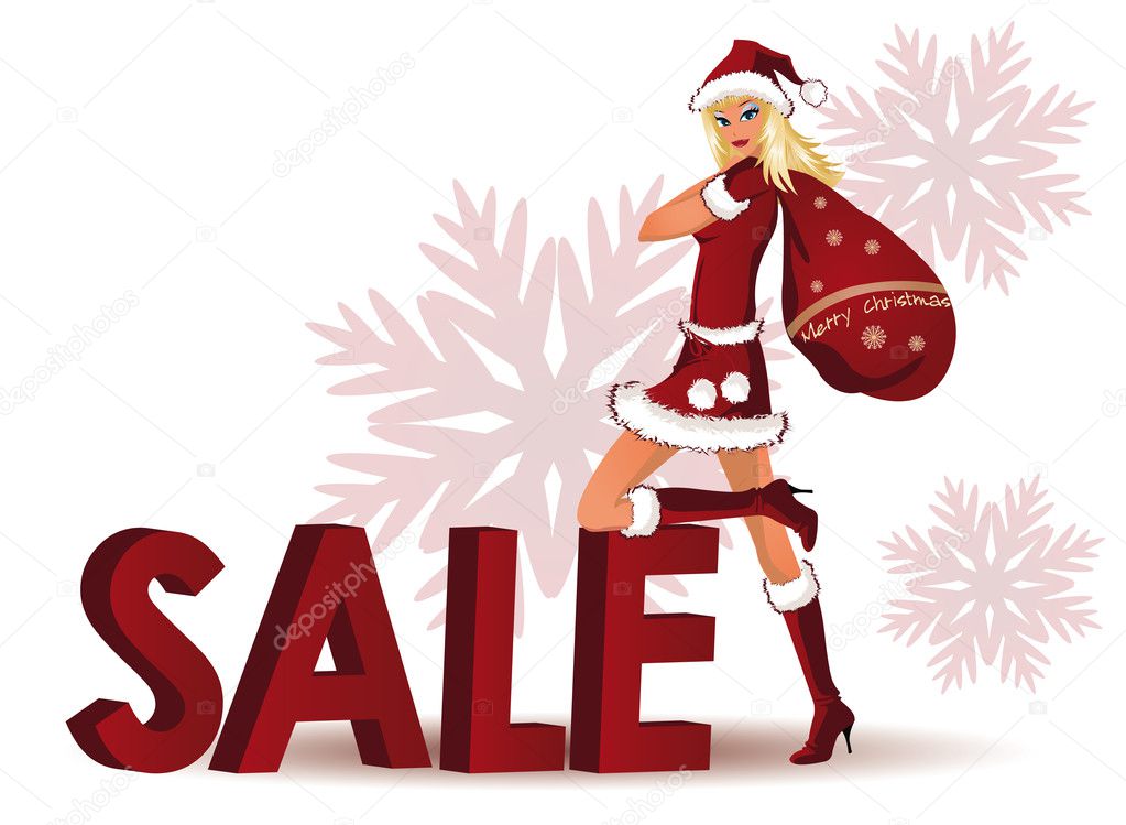 Santa-girl and word SALE in 3D image. vector