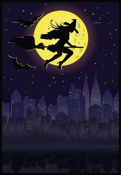 Bruja volando en una escoba a la luz de la luna. Noche de Halloween. vector — Archivo Imágenes Vectoriales