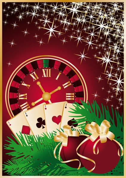 Carte de voeux de Noël Casino avec horloge roulette et boules. vecteur — Image vectorielle