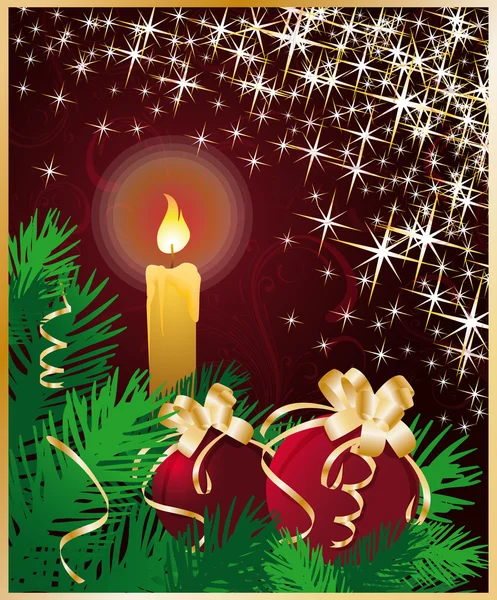 Weihnachtsgrußkarte mit Kerze und Weihnachtskugeln. Vektor — Stockvektor