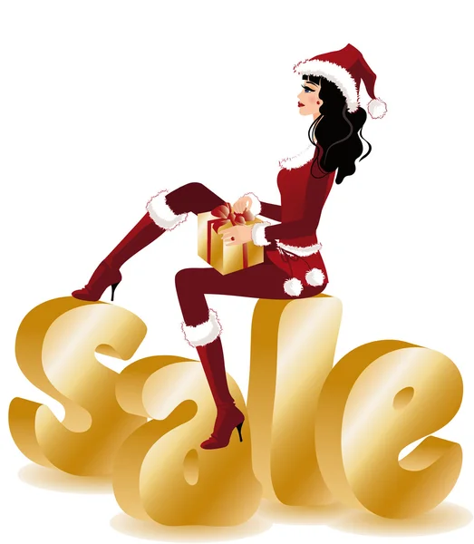 Beauty shopping christmas girl in santa hat with gift. vector — Stock Vector