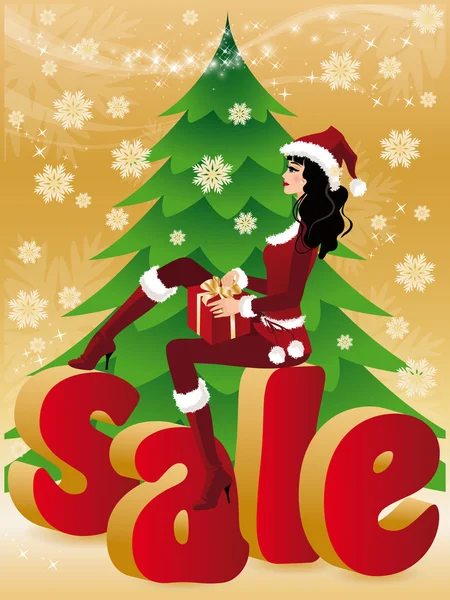 Christmas sale card. Santa-girl with gift. vector — Stock Vector