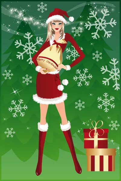 Compras de Navidad. Santa-chica y bolsa. vector — Archivo Imágenes Vectoriales