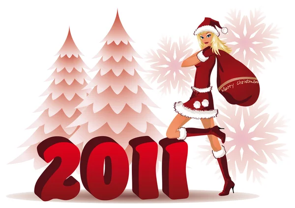 Happy New 2011 year card with santa girl. vector — Stock Vector