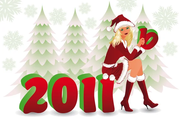Boldog új évet kártya santa lány. vektoros illusztráció — Stock Vector